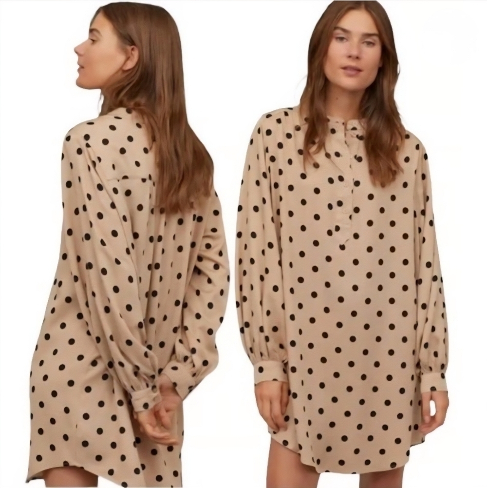 H&M Cream Polka Dot Long Sleeve Dress Women’s Small Bishop Sleeve Casual Midi
